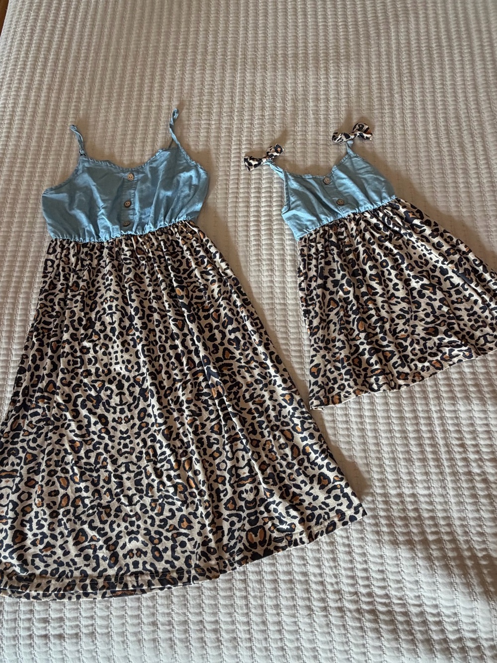 Mama & Mini Blue Top with Leopard Print Skirt Matching Set